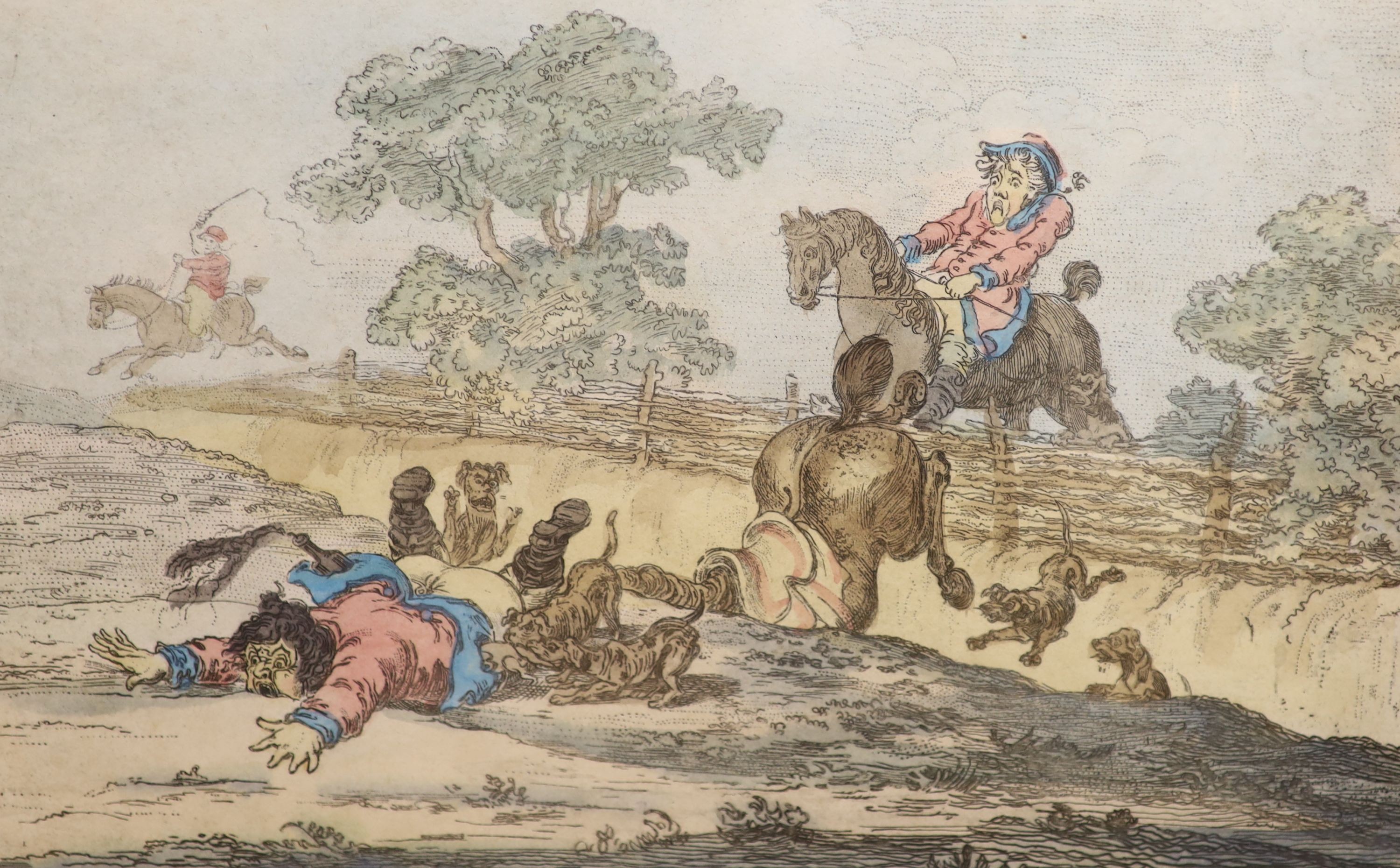 James Gilray, two coloured etchings, 'Hounds Finding' and 'Hounds Throwing Off', overall 26 x 38cm